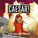Cover of the board game 'Caesar!' by Paolo Mori. The artwork features a heroic figure resembling a Roman leader, wearing a red toga and gold armor, holding a baton and standing confidently in front of columns. In the background, Roman soldiers are lined up, evoking a sense of historical conflict. The title 'CAESAR!' is prominently displayed above, with the tagline 'Seize Rome in 20 Minutes!' at the bottom.