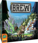 Brew game box by Pandasaurus Games featuring a whimsical illustration of a forest landscape with vibrant trees and a mythical creature in the foreground. The title 'Brew' is prominently displayed at the top, emphasizing the adventurous theme of the game. The design showcases intricate details that hint at the gameplay experience.
