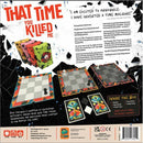 That Time You Killed Me board game by PANDASAURUS GAMES. The image shows the game box with vibrant artwork and components laid out, including game boards and cards. Description mentions time travel themes, with details of gameplay that includes chapters of escalating difficulty and hidden content to unlock.