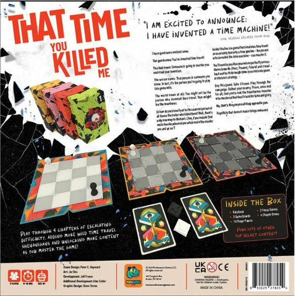 That Time You Killed Me board game by PANDASAURUS GAMES. The image shows the game box with vibrant artwork and components laid out, including game boards and cards. Description mentions time travel themes, with details of gameplay that includes chapters of escalating difficulty and hidden content to unlock.