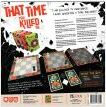 The back of the game box for 'That Time You Killed Me' by Pandasaurus Games. The design features eye-catching graphics and illustrations. The box includes gameplay details, showing the game board layout, playing cards, and an engaging description of the game mechanics, all set against a dramatic black and white background.