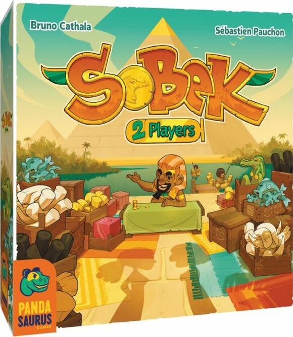 Sobek is a two-player board game created by Pandasaurus Games, featuring vibrant artwork with an ancient Egyptian theme. The box showcases a marketplace with various treasures and a character engaging in gameplay against a backdrop of pyramids.