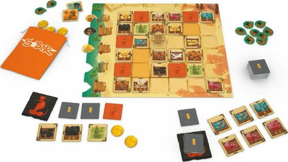 A vibrant board game titled Sobek by Pandasaurus Games, featuring a colorful game board with a grid layout, various tokens, and pieces including cards, coins, and player markers scattered around. The components are arranged strategically to highlight the game's competitive setup.
