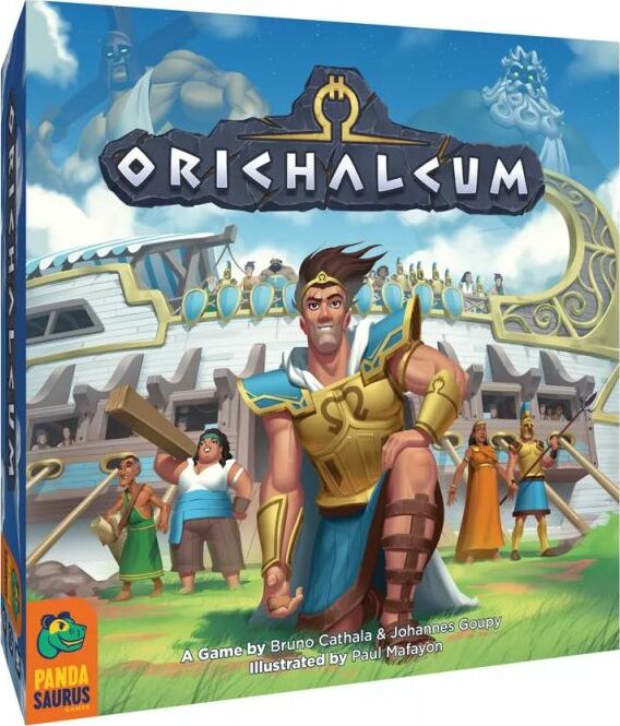 The board game 'Orichalcum' by PANDASAURUS GAMES features a heroic character in ancient attire, standing prominently in front of a grand structure. The box art showcases a vibrant scene with colorful illustrations of various characters and elements hinting at adventure and strategy. The game title is displayed boldly at the top, adding to the excitement of this immersive gaming experience.