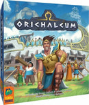The board game 'Orichalcum' by PANDASAURUS GAMES features a heroic character in ancient attire, standing prominently in front of a grand structure. The box art showcases a vibrant scene with colorful illustrations of various characters and elements hinting at adventure and strategy. The game title is displayed boldly at the top, adding to the excitement of this immersive gaming experience.