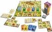 The Alhambra board game featuring a colorful game board, various player cards, and game pieces neatly arranged. The board displays a vibrant layout with resource areas and structures, showcasing the strategic gameplay.
