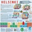 The back of the Helsinki board game box by Queen Games, displaying game components, instructions, and illustrations of the game setup and play areas. The design features colorful graphics and a layout that shows how the game is played, including icons and player pieces.