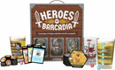 Heroes of Barcadia game set, featuring a wooden box with game title, illustrated character glasses, cards, drink tokens, and dice, designed for fun dungeon exploration and drinking.
