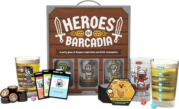 Heroes of Barcadia game set, featuring a wooden box with game title, illustrated character glasses, cards, drink tokens, and dice, designed for fun dungeon exploration and drinking.