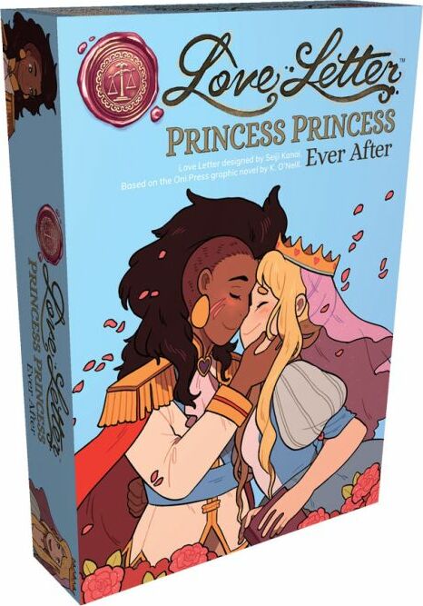 Love Letter Princess Princess board game by Renegade Game Studios, featuring beautifully illustrated characters in a romantic embrace, inspired by the Oni Press graphic novel. The game emphasizes strategy and interaction among players.