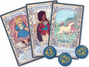 A vibrant game titled 'Love Letter Princess Princess' featuring illustrated cards of three princesses: Princess Sadie, Princess Amira, and Celeste the Unicorn. The cards showcase colorful artwork and gameplay elements, including game tokens adorned with floral designs.