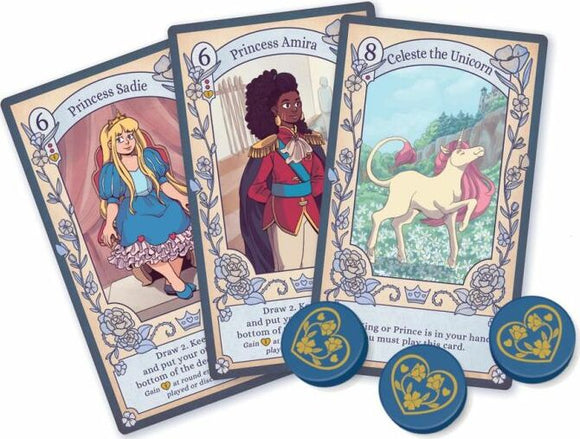 A vibrant game titled 'Love Letter Princess Princess' featuring illustrated cards of three princesses: Princess Sadie, Princess Amira, and Celeste the Unicorn. The cards showcase colorful artwork and gameplay elements, including game tokens adorned with floral designs.
