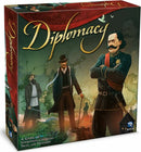 The board game 'Diplomacy' by Avalon Hill, Hasbro, features a beautifully illustrated box with characters in period attire engaged in strategic discussion. The background depicts a map of Europe, emphasizing the game's themes of international intrigue and negotiation.