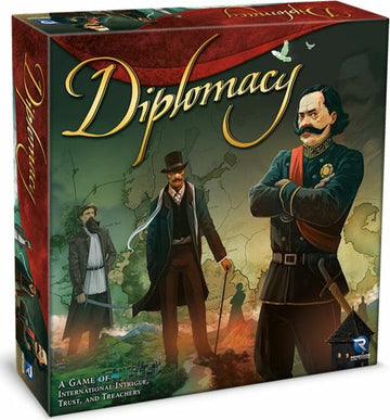 The board game 'Diplomacy' by Avalon Hill, Hasbro, features a beautifully illustrated box with characters in period attire engaged in strategic discussion. The background depicts a map of Europe, emphasizing the game's themes of international intrigue and negotiation.