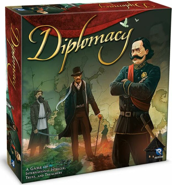 The board game 'Diplomacy' by Avalon Hill, Hasbro, features a beautifully illustrated box with characters in period attire engaged in strategic discussion. The background depicts a map of Europe, emphasizing the game's themes of international intrigue and negotiation.