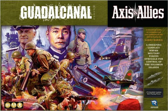 The board game Axis & Allies: Guadalcanal, featuring a vibrant illustration of military forces in action during World War II. The box showcases key characters, including soldiers and airplanes, set against a backdrop of naval warfare. The game's title is prominently displayed at the top, with visual elements highlighting its strategic gameplay.