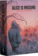 The game 'Alice Is Missing' by Renegade Game Studios features an illustrated box cover depicting a person with long hair, standing with their back to the viewer, overlooking a quaint village surrounded by trees and mountains. The title is prominently displayed in bold letters along the side.