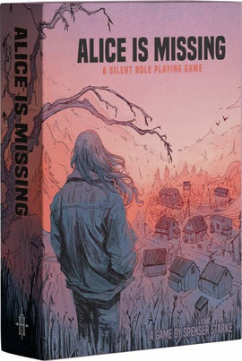 The game 'Alice Is Missing' by Renegade Game Studios features an illustrated box cover depicting a person with long hair, standing with their back to the viewer, overlooking a quaint village surrounded by trees and mountains. The title is prominently displayed in bold letters along the side.