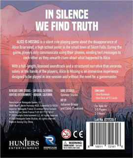 The back of the game box for 'Alice Is Missing,' featuring a detailed description of the game, its mechanics, and components. The artwork showcases a mysterious backdrop related to the game’s theme of uncovering the truth behind a disappearance. Includes information about game design, art, and the content of the box, which contains a rulebook and a deck of 72 cards.