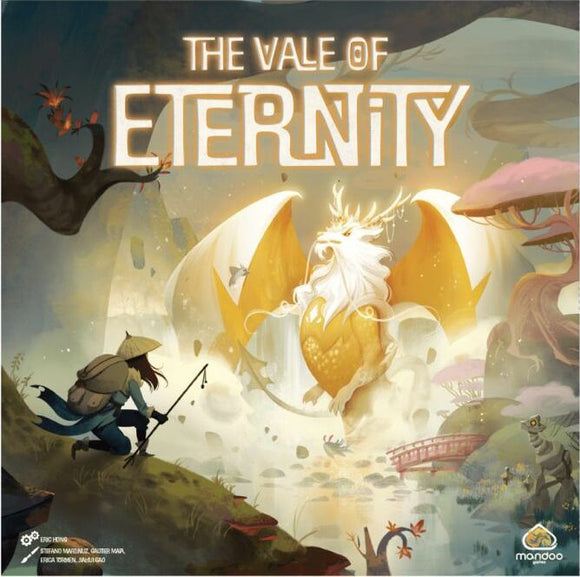 The Vale of Eternity is an enchanting board game featuring a mystical landscape with a majestic dragon and a wandering character. The cover art showcases vibrant colors and fantastical elements like colorful mushrooms and a serene river, creating an inviting atmosphere for adventure.