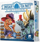 The Dinosaur Tea Party game features whimsical illustrations of dinosaur characters enjoying a tea party. One dinosaur, wearing a stylish hat and holding a teacup, converses with another dressed in a top hat, surrounded by an array of cakes and pastries. The box showcases vibrant colors and playful design, indicating a game of civilized deduction for family and friends.