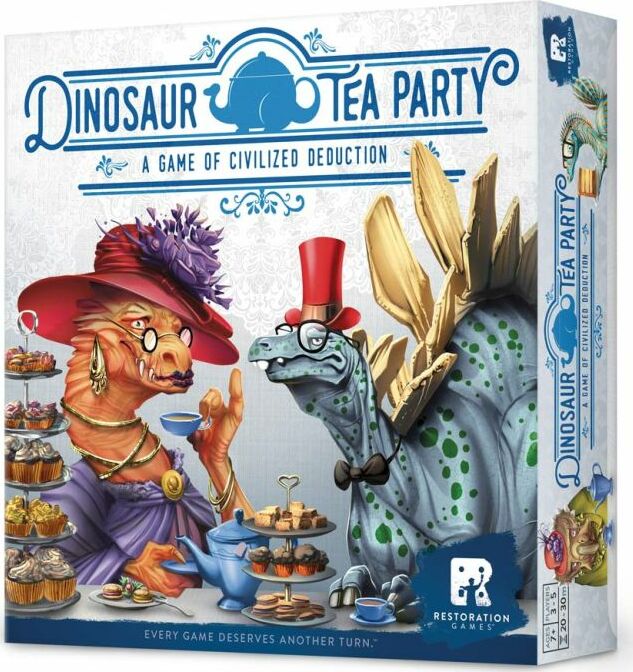 The Dinosaur Tea Party game features whimsical illustrations of dinosaur characters enjoying a tea party. One dinosaur, wearing a stylish hat and holding a teacup, converses with another dressed in a top hat, surrounded by an array of cakes and pastries. The box showcases vibrant colors and playful design, indicating a game of civilized deduction for family and friends.