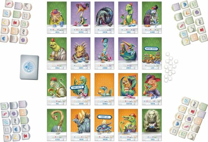 The Dinosaur Tea Party game by Restoration Games features a colorful board layout with various dinosaur-themed character cards and tokens. Each character is uniquely illustrated, showcasing different dinosaurs engaging in playful tea party activities. The surrounding elements include multiple token tiles, adding to the whimsical theme of the game. This family-friendly game encourages interaction and creativity among players.