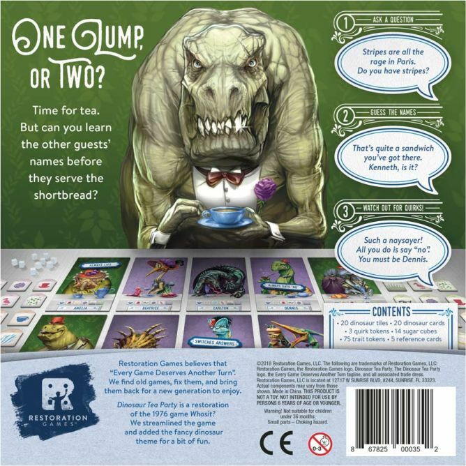 Dinosaur Tea Party game by Restoration Games. Features a large dinosaur character in a bow tie holding a teacup, surrounded by illustrations of various dinosaur guests and game elements, including cards and tokens. The playful theme revolves around learning the names of dinosaur guests and their quirks during tea time.