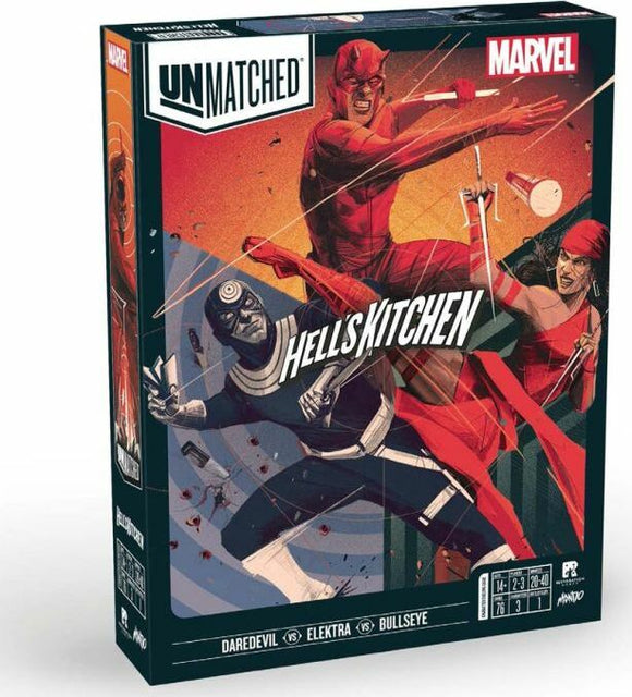 Unmatched: Hell's Kitchen board game box featuring bold artwork showcasing iconic Marvel characters Daredevil, Elektra, and Bullseye engaged in combat. The vibrant design captures the action and intensity of this strategy game, set in a chaotic urban environment. Perfect for fans of Marvel and strategic gameplay, suitable for ages 14 and up.