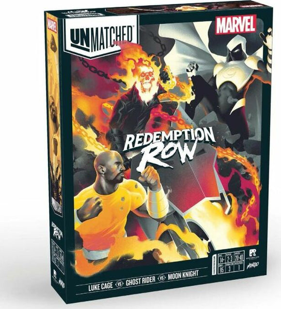 Unmatched: Marvel Redemption Row board game packaging featuring vibrant artwork of Luke Cage, Ghost Rider, and Moon Knight in an intense battle. The box displays the game's title prominently along with character illustrations and gaming details on the side.