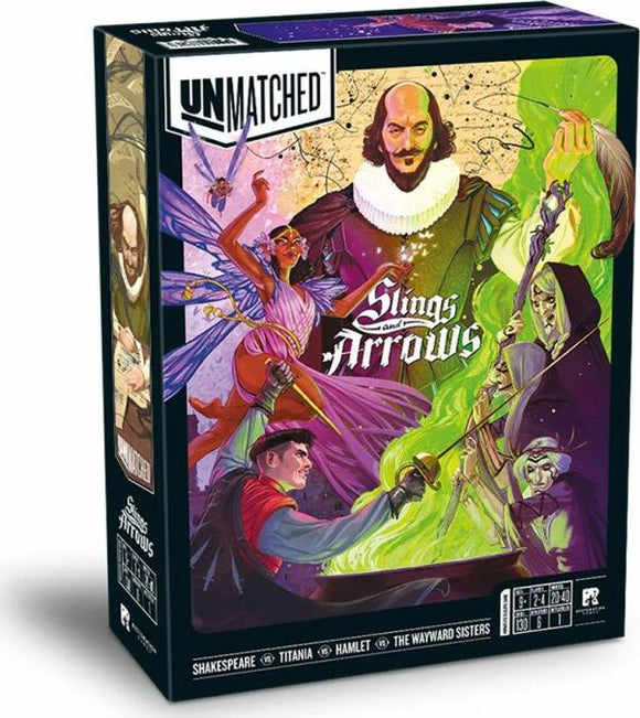 The product image shows the box art for the board game 'Unmatched: Slings and Arrows' by Restoration Games. It features colorful illustrations of iconic characters including Shakespeare, Titania, and Hamlet, surrounded by magical elements and vibrant backgrounds, emphasizing the game's fantasy theme and strategic gameplay.