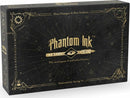 Phantom Ink game packaging, featuring intricate gold designs on a black background. The box displays the title 'Phantom Ink,' along with the text 'The word game of unfinished business,' and includes illustrations by Spring Yu. The names Mary Flanagan and Max Seidman are also visible, indicating the creators.