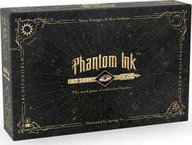 Phantom Ink game packaging, featuring intricate gold designs on a black background. The box displays the title 'Phantom Ink,' along with the text 'The word game of unfinished business,' and includes illustrations by Spring Yu. The names Mary Flanagan and Max Seidman are also visible, indicating the creators.