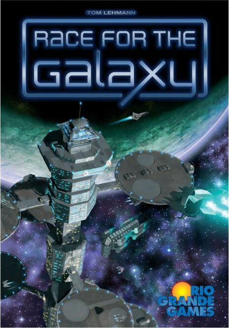 The game 'Race for the Galaxy' features an intricate cover design depicting futuristic space structures and starships against a colorful galaxy backdrop. The title is prominently displayed at the top in bold letters, with the logo of Rio Grande Games at the bottom right.