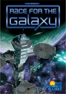 The game 'Race for the Galaxy' features an intricate cover design depicting futuristic space structures and starships against a colorful galaxy backdrop. The title is prominently displayed at the top in bold letters, with the logo of Rio Grande Games at the bottom right.