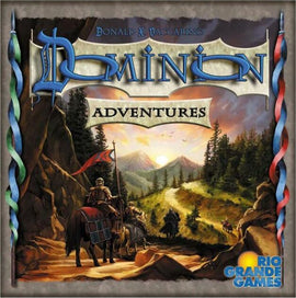 Dominion: Adventures board game box by Rio Grande Games. Features two knights on horseback in a mountainous landscape, and the title prominently displayed in blue and gold. Richly illustrated with a fantasy theme.