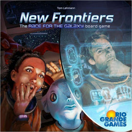 A vibrant cover of the board game 'New Frontiers' by Rio Grande Games, featuring excited characters including humans and an alien, exploring space with futuristic technology. The background depicts a starry galaxy, while characters display a sense of wonder and adventure, making it appealing for board game enthusiasts.