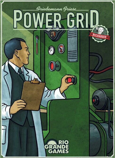 The Power Grid board game by Rio Grande Games features a scientist operating a control panel with various gauges and buttons. The packaging showcases the title 'Power Grid' in bold letters at the top, with an illustration that evokes themes of electricity and engineering. The design highlights the creative art style of Friedemann Friese.