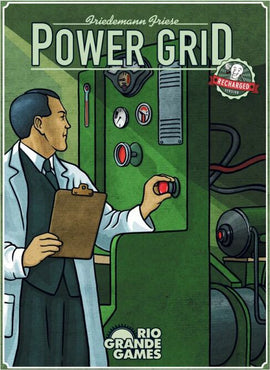The Power Grid board game by Rio Grande Games features a scientist operating a control panel with various gauges and buttons. The packaging showcases the title 'Power Grid' in bold letters at the top, with an illustration that evokes themes of electricity and engineering. The design highlights the creative art style of Friedemann Friese.