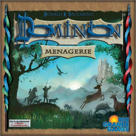 Box art for the board game 'Dominion: Menagerie' by Rio Grande Games. The cover features beautiful fantasy landscapes with a medieval theme, showcasing silhouettes of hunters and various animals, including deer and birds, set against a vibrant blue backdrop and a castle in the distance.