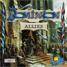 Dominion: Allies game box art featuring a medieval scene with characters in historical attire gathered at a castle, with flags and banners displaying their allegiance. The scene is rich in detail, showcasing the atmosphere of alliance and strategy within the game.