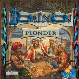 Dominion: Plunder game box featuring three characters excitedly examining a treasure chest filled with gold coins, set against a backdrop of a ship and vibrant scenery. The title 'Dominion' is prominently displayed at the top, with 'Plunder' underneath, indicating this is an expansion for the popular card game.