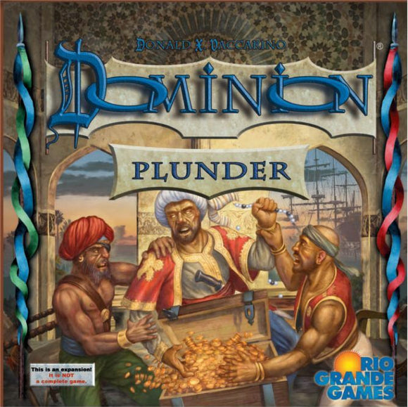 Dominion: Plunder game box featuring three characters excitedly examining a treasure chest filled with gold coins, set against a backdrop of a ship and vibrant scenery. The title 'Dominion' is prominently displayed at the top, with 'Plunder' underneath, indicating this is an expansion for the popular card game.