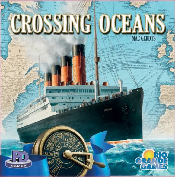 Crossing Oceans game by Rio Grande featuring an illustration of a historic ocean liner navigating through a map. The cover showcases a compass and the title prominently displayed, appealing to maritime and strategy game enthusiasts.