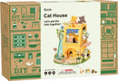 A DIY miniature cat house kit by Robotime, featuring a colorful two-story design with cute cat figurines. The box highlights various activities like DIY construction, showcasing little rooms and a garden area, perfect for cat lovers and crafters aged 14 and older.