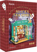A beautifully designed DIY kit titled 'Alice's Tea Store' by Robotime. The box features vibrant illustrations of a whimsical tea shop, showcasing intricate details like a teapot, playing cards, and playful characters, perfect for crafting enthusiasts.