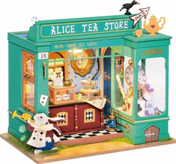 The Alice's Tea Store DIY kit by Robotime features a charming miniature tea shop scene. Detailed elements include a whimsical rabbit character in a chef's outfit holding a trumpet, a display of tea cups and pastries inside the shop, and decorative signs. The vibrant colors and intricate designs capture a fantasy atmosphere, perfect for creating a delightful tea party experience.