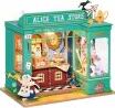 Alice's Tea Store DIY kit by Robotime, featuring a charming miniature tea shop scene with detailed decorations, playful characters, and vibrant colors. Perfect for creative builders and tea lovers.