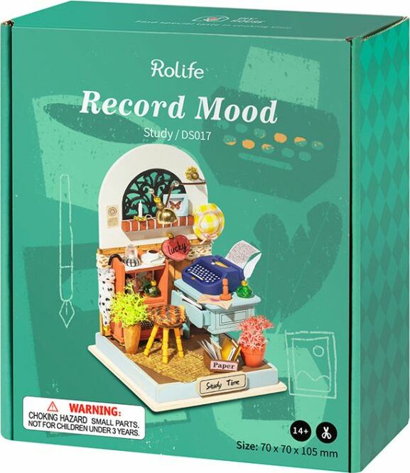 The Record Mood Study Model Kit by Robotime features a charming miniature workspace adorned with a typewriter, decorative plants, and study materials, designed for DIY enthusiasts aged 14 and above. The kit offers an engaging crafting experience and is perfect for creating detailed dioramas.
