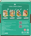 A detailed image of the Robotime Bubble Bath Bathroom Model Kit packaging. The kit features different scenes from the 'Little & Warm Space' series, showcasing a cozy bathroom setup. The back of the box includes assembly instructions and safety warnings, alongside a colorful display of each model in the series: Taste Life, Sweet Dream, Record Mood, and the highlighted Bubble Bath.
